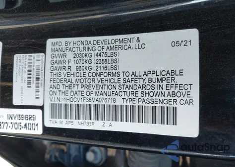 2021 Honda Accord Sport from USA, damaged, VIN 1HGCV1F38MA076718